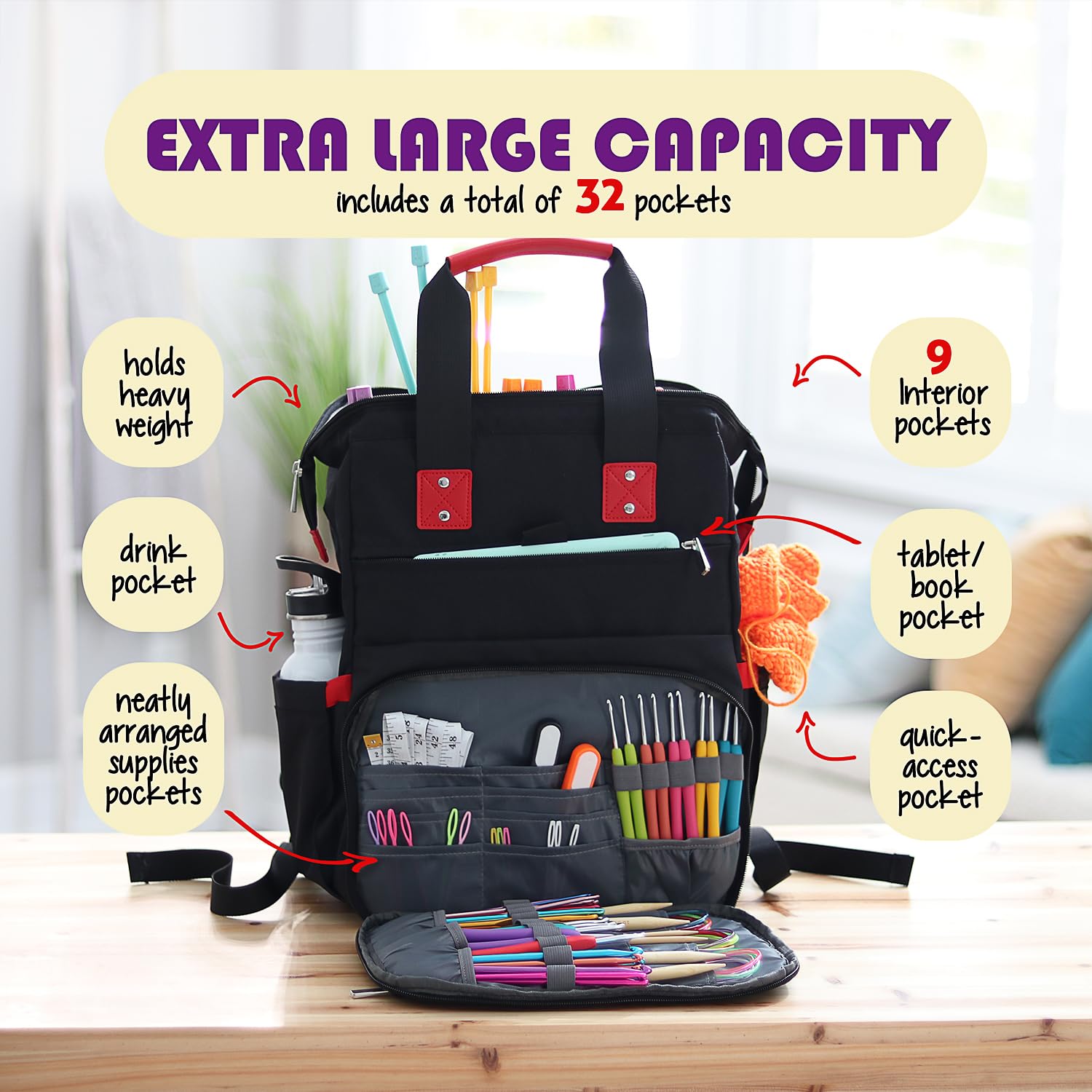 Hearth & Harbor Crochet Backpack, Crochet Bag Organizer, Canvas Knitting Bag, Yarn Organizer for Crochet Accessories and Supplies, Travel Yarn Bag with USB Charging Port, Yarn Storage Organizer