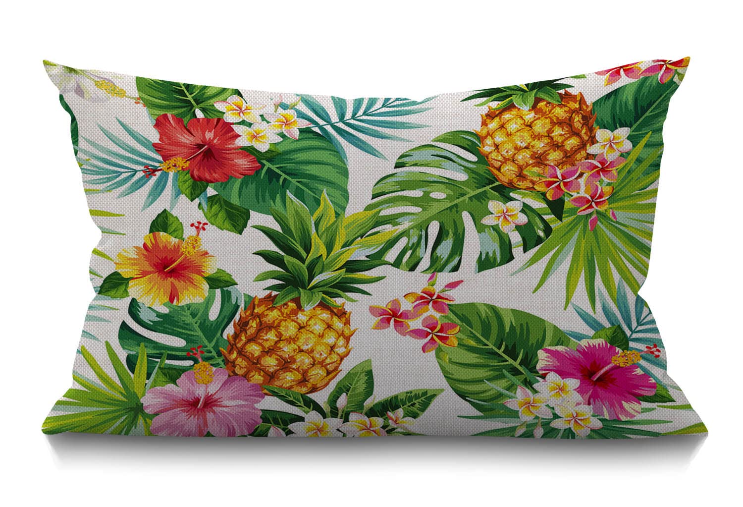 BGBDEIA Leaf Cushion Cover 12x20 Inch Hawaiian Pineapples Tropical Palm Leaves Flowers Rectangle Pillow Cases Home Decorative Cotton Linen Throw Pillow Cover for Bed Sofa Green Yellow Pink 30x50 cm