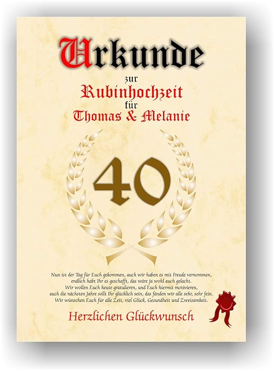 Urkunde zum 40. Hochzeitstag - Rubinhochzeit - Geschenkurkunde Rubin Hochzeit personalisiertes Geschenk Karte zum Ehrentag XX