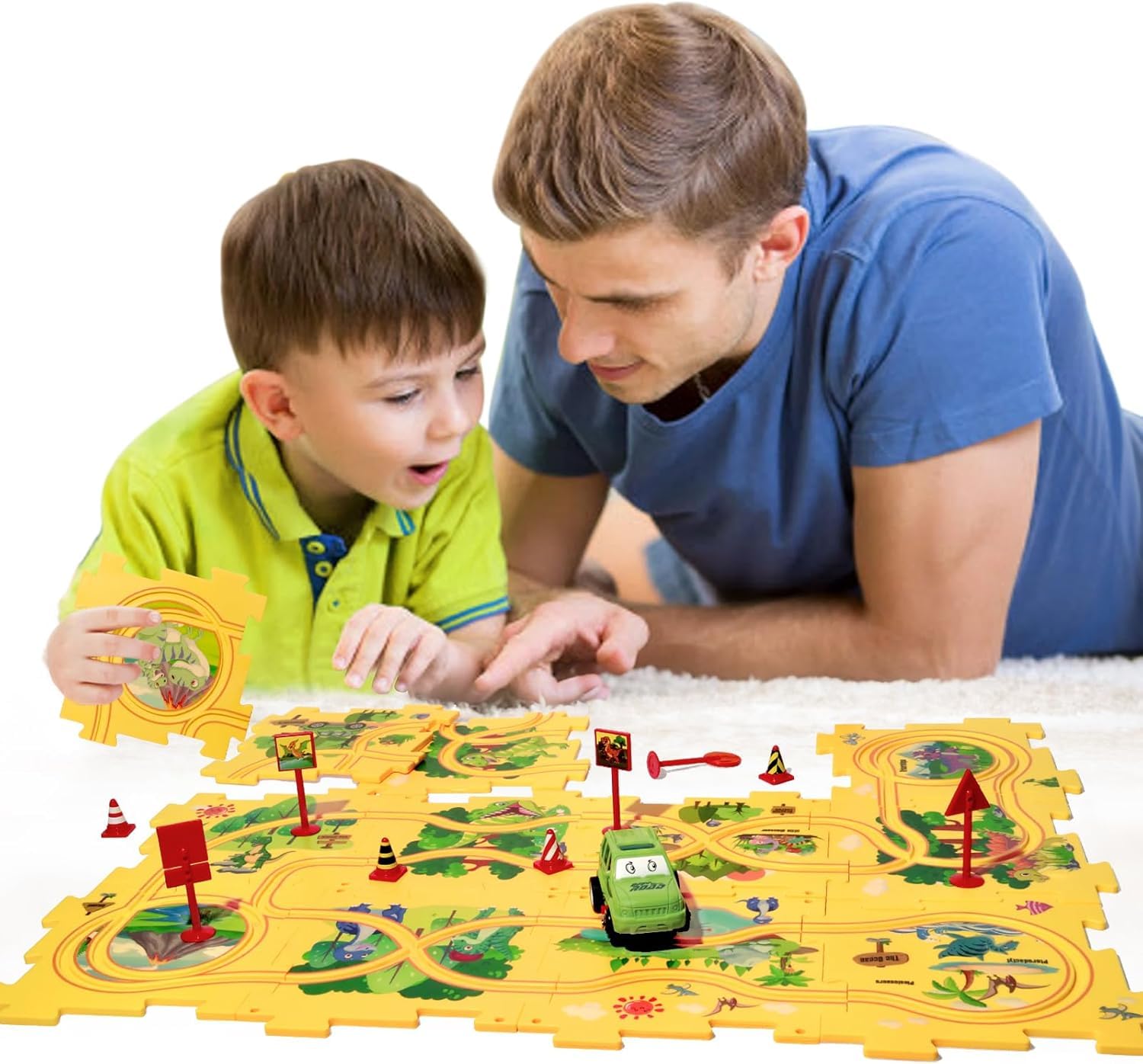 KADAYAYA Dinosaur Toy Puzzle Track for Kids Ages 3-5 with Slot Race Car, Toddler Puzzle Track Rail Car Play Set, Educational Jigsaw Toys for 3 4 5 6 Year Old Boys Girls, Montessori Toys Gift for Kids