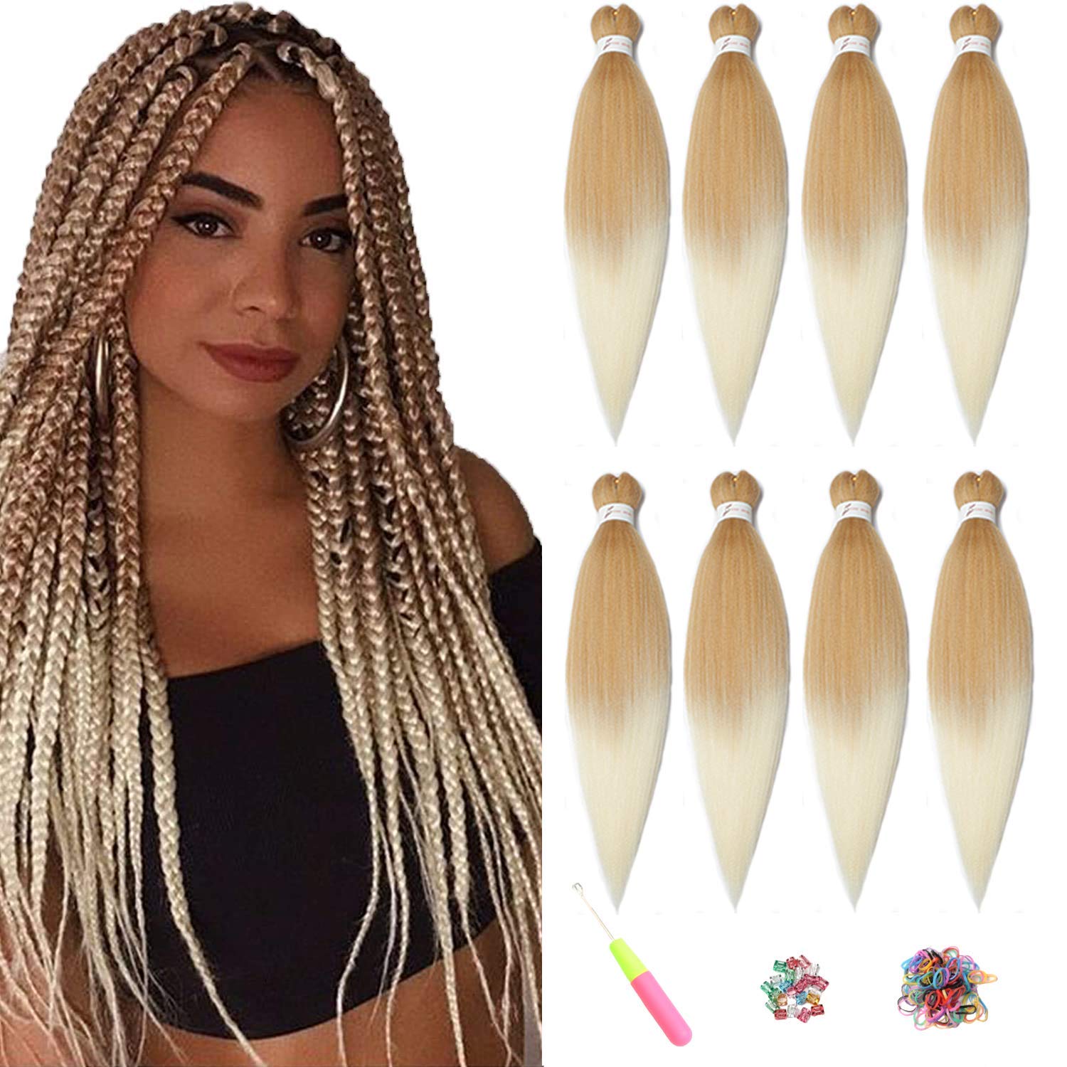 ShowJarlly Pre-Stretched Braiding Hair 8Packs/Lot Yaki Texture Hair Extensions Professional Soft Hair Extensions For Braiding Crochet Hair Braid Crochet Hair Braiding (26inch,T27#613#) — image 1