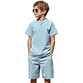 Arshiner Boy 2 Piece Cotton Linen Set Henley Shirts and Shorts Outfits Summer Casual Beachwear Light Blue 10-11 Years