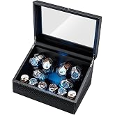 Mcbazel Watch Winder for Automatic Watches, 6 Watch Winder + 6 Storage Case, Watches Winder Box with Super Quiet Motor, Blue LED Light, Memory Foam Pillows, Gift for Men &amp; Women - Black