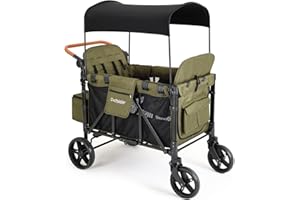 Cochildor Elite 4-Seater Wagon Stroller for 2-4 Kids, One-Hand Fold, High Seats with 5 Point Harness, Adjustable Handle & Canopy, Green
