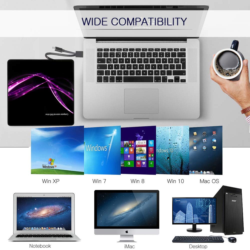 Masterizzatore DVD Externo, Unità CD Esterna USB 3.0 Tipo C Porta doppia - AMIGIK Lettore OtticoPortatile CD DVD +/-RW ROM per Computer Portatile Taccuino Windows 10/8/7/XP, Linux, MacOS, Vista7/8