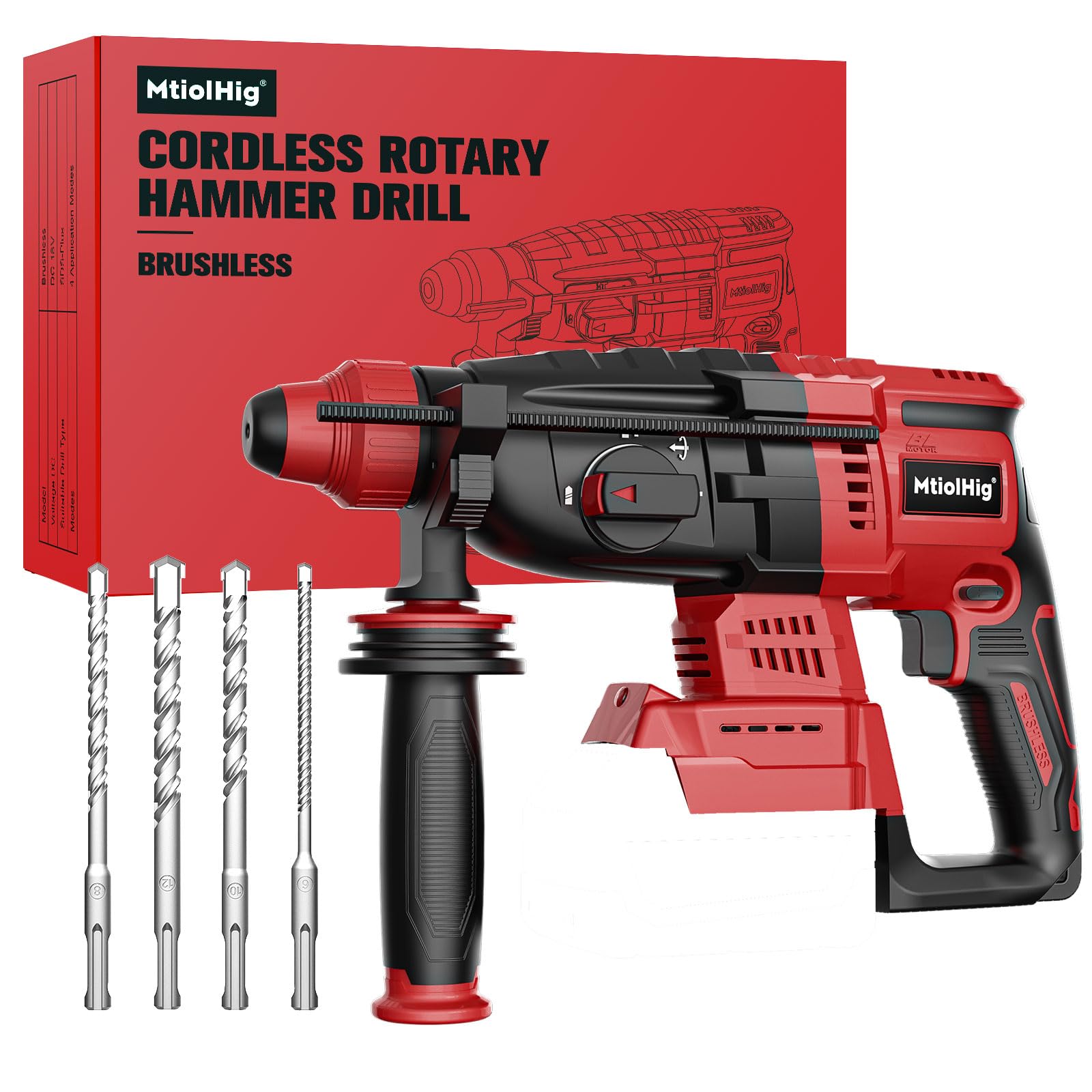 Cordless Rotary Hammer Drill for Milwaukee 18V Battery, Brushless SDS-Plus Hammer Drill with Safety Clutch for Concrete/Masonry, 1500 RPM, 4 Modes with 360°Auxiliary Handle, Including 4 Drill Bits