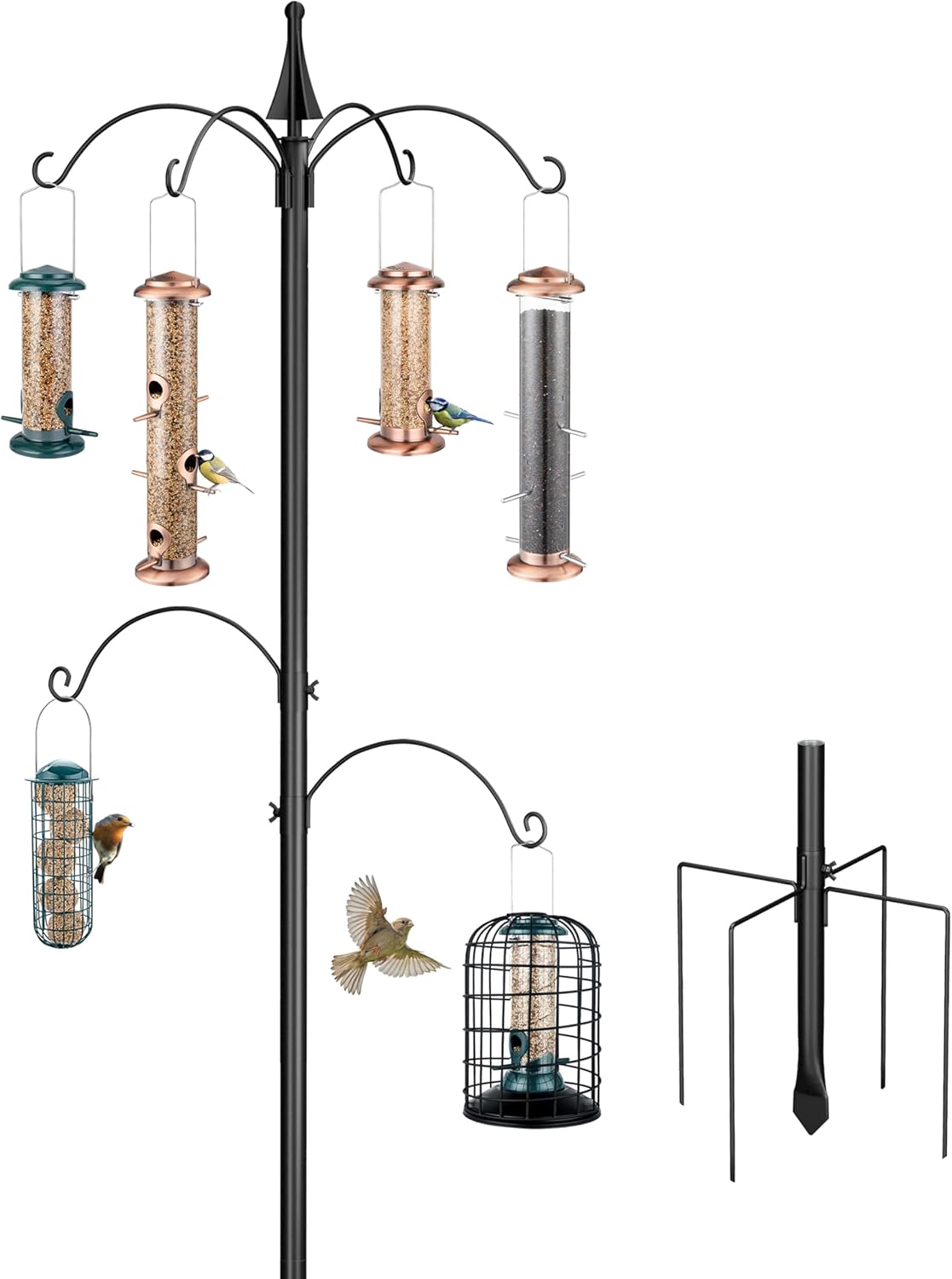 Outdoor Shepherd's Hooks - iBorn Bird Feeders Hanging Station 87Inch Wild Bird Feeding Stand Heavy Duty for Feeders Hanging, 1 Inch Thickness Pole with 6-Hooks, 5-Prong Pole Stabilizer Base(Bird Feeders NOT Included)