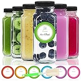 STARSIDE 8 oz Glass Juice Bottles with Lids 6 Pack - Square Reusable Drinking Jars for Juicing, Milk, Kombucha - Includes 1 Bottle Brush, 6 Colored Labels