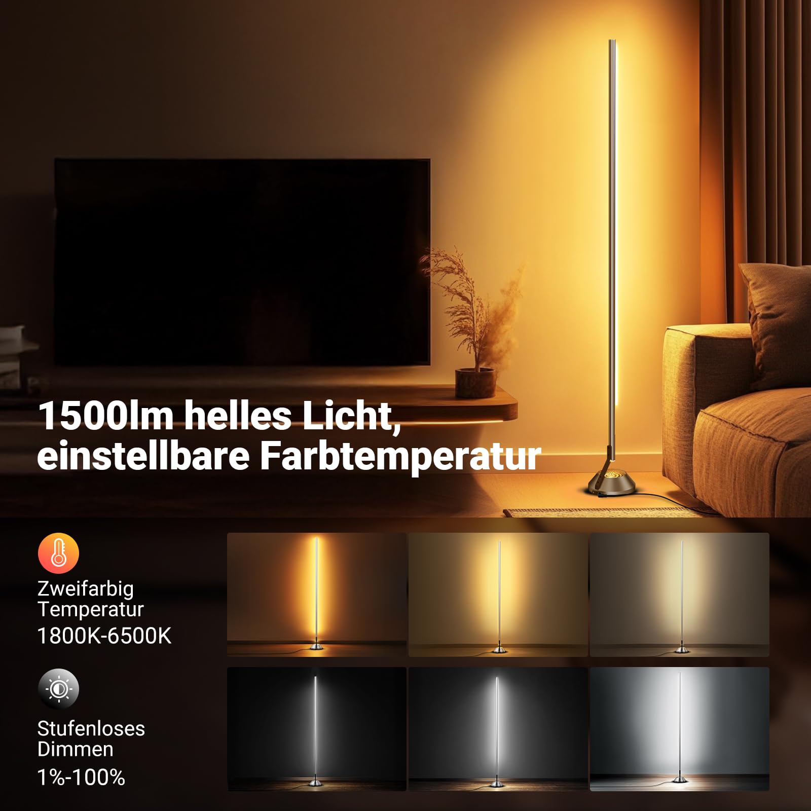 NEEWER Smart RGB IC W Stehlampe, 1500lm LED Eckleuchte kompatibel mit Alexa Google, APP Steuerung/AI DIY/Musiksynchronisation/16 Millionen Farben, Licht für Wohnzimmer Schlafzimmer Dekor, NF01 4