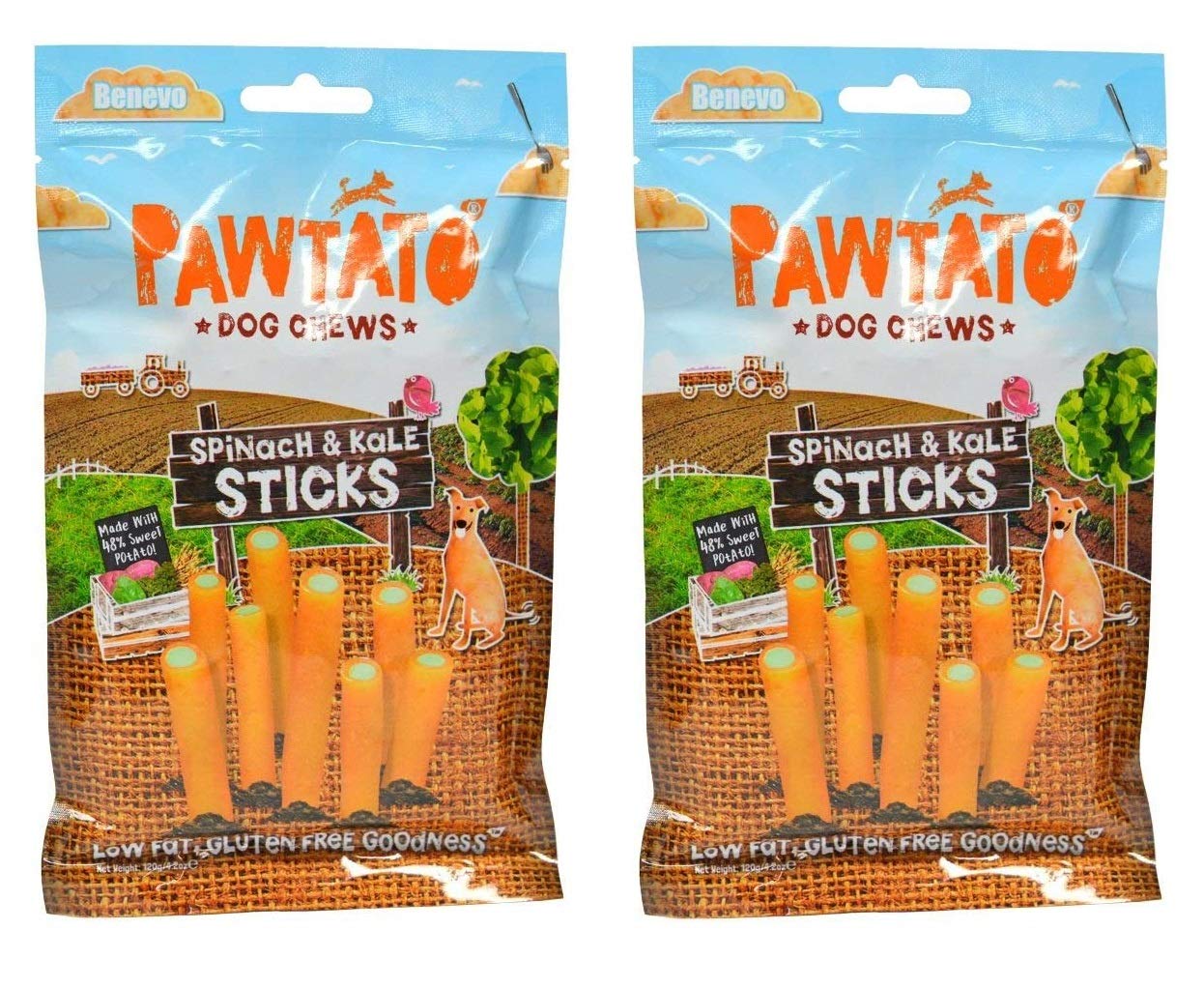 Benevo (2 Pack) Pawtato Spinach & Kale Sticks Dog Chews 120g