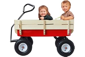 ME2 All Terrain Wagons for Kids Wagon with Removable Wooden Side Panels Garden Wagon Cart Heavy Duty with Steel Wagon Bed Folding Wagons for Kids/Pets Ideal Gift for Kids for Halloween Christmas(Red)