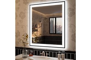 ISKM 36x30 Inch LED Bathroom Mirror with Front Light and Backlight, Black Framed Dimmable Lighted Anti-Fog Wall Vanity Mirror, 3 Colors, Shatterproof and Waterproof, Memory Function