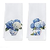 Cilrii Chinoiserie Hydrangea Floral Kitchen Towels, Blue White Hydrangea Flower Dish Tea Towels for Kitchen Decor, Grandmillennial Floral Decorative Hand Towel for Bathroom, 16x24 Inch Set of 2