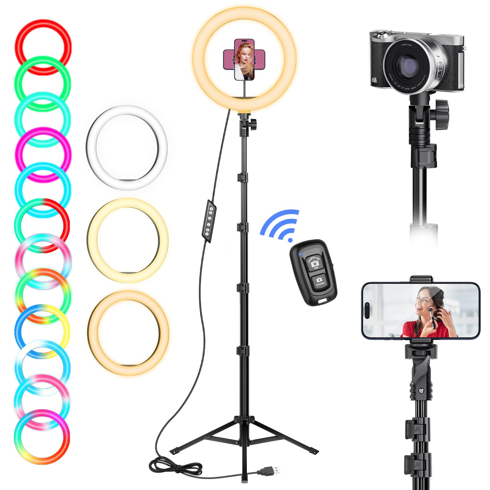 Ring Light with Tripod Stand & Phone Holder Tall 182 cm, 10 inch LED Ringlight Selfie Cicle Light Desk with Remote & Phone Clip for Camera, Video, Makeup, YouTube, TikTok