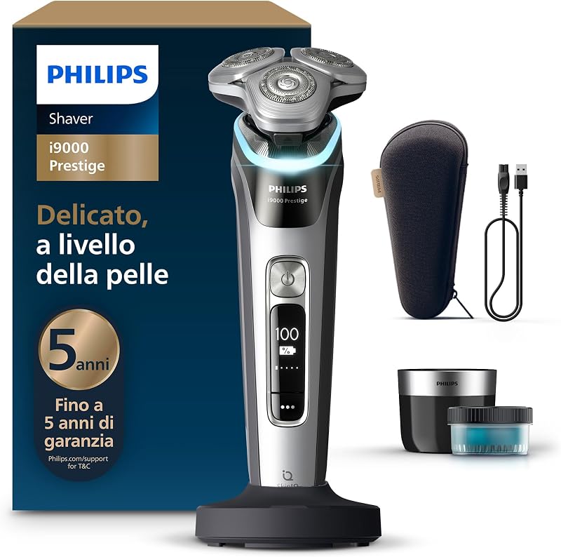 Shaver i9000 Prestige, rasoio elettrico Wet & Dry, con tecnologia Skin IQ, triplo sistema di sollevamento e taglio, doppie lame rotanti in acciaio di precisione a 360°, modello XP9205/30