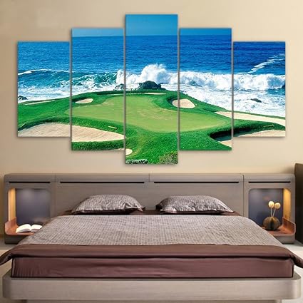 Canvas Paintings Printed Golf Course Coast Seascape Wall Art Canvas Pictures For Living Room Bedroom Modular Home Decor 5 Panels With Framed