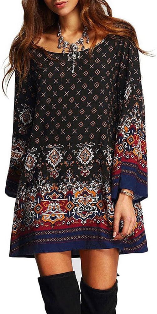Tribear Women's Bohemian Vintage Printed Ethnic Style Summer Shift Tunic Dress