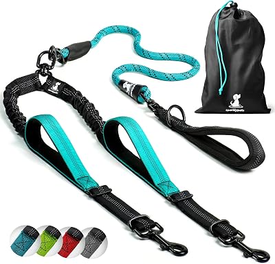 SparklyPets Double Dog Leash for 2 Dogs Teal Medium/Large Meets 360° Rotation
