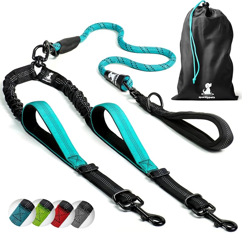 SparklyPets Double Dog Leash for 2 Dogs Teal Medium/Large Meets 360° Rotation