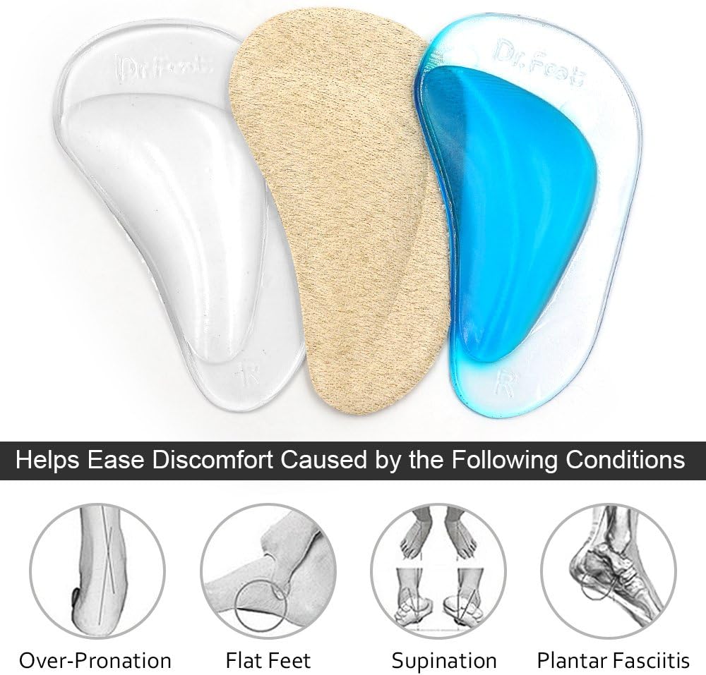 Dr. Foot's Arch Support Shoe Insoles for Flat Feet, Gel Arch Inserts for Plantar Fasciitis, Adhesive Arch Pad for Relieve Pressure and Feet Pain- 3 Pairs (Beige+Blue+ Clear): Health & Personal Care