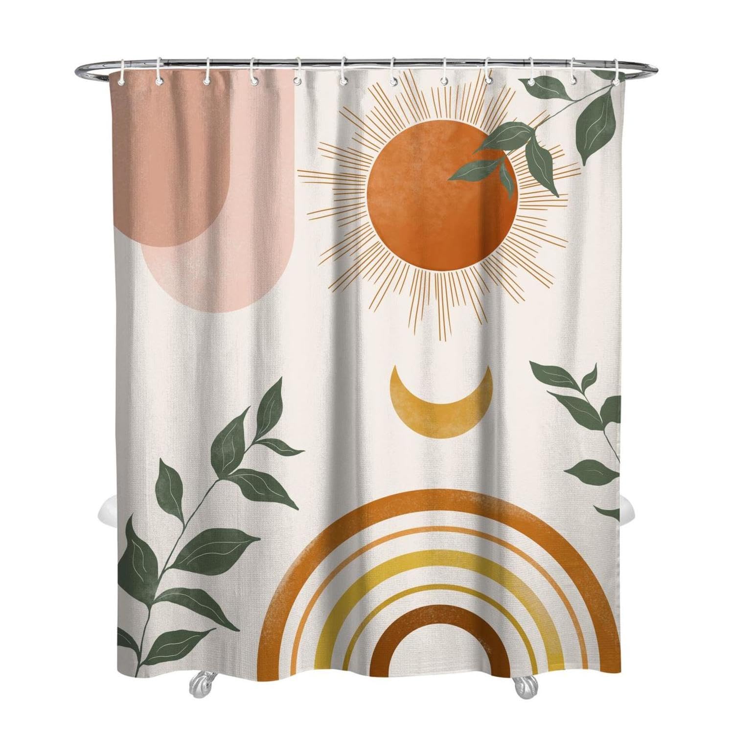 Photo 1 of Ghroiep Mid Century Abstract Boho Aesthetic Shower Curtain Set, Green Nature Leaf Sun Modern Minimalist Home Bathroom Curtain Decor with 12 Hooks 72 Inch Wide * 84 Inch High