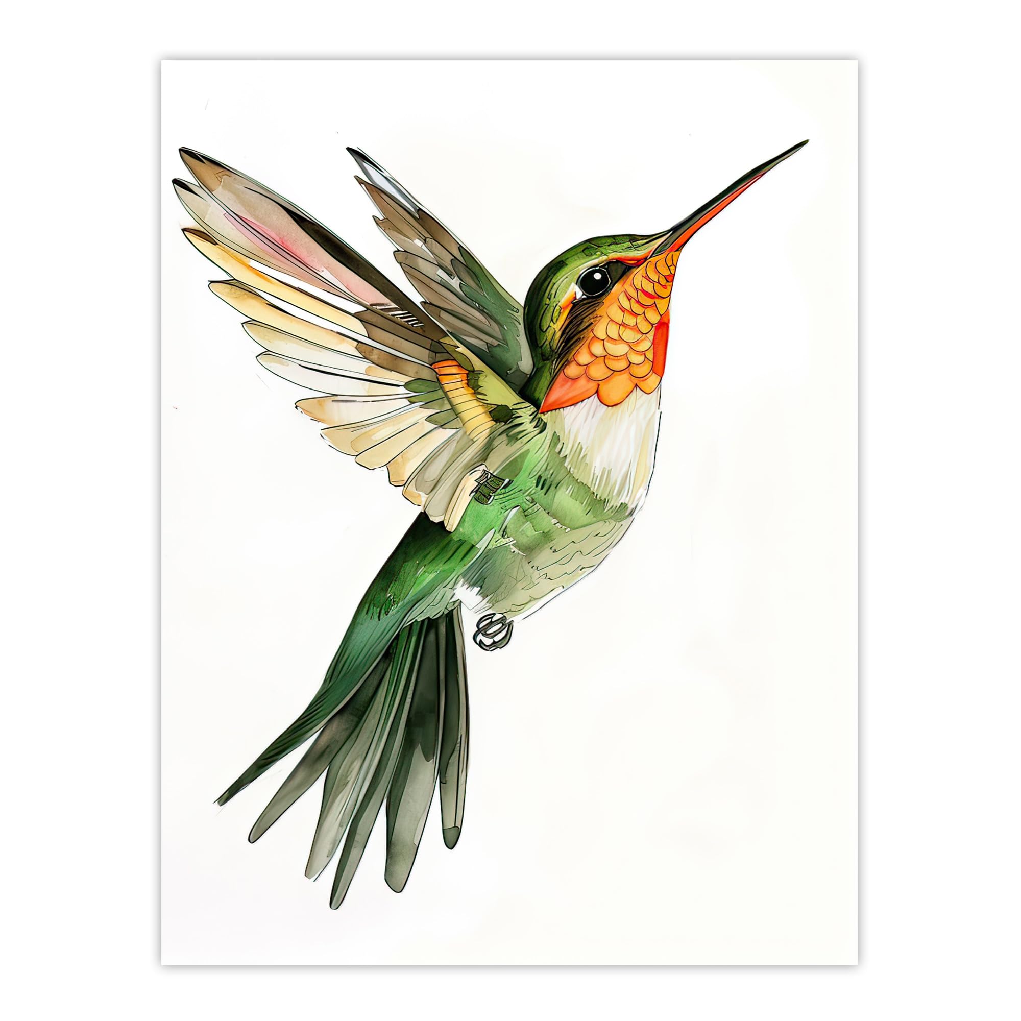Artery8 Hummingbird in Flight Green Orange Watercolour Living Room Extra Large XL Wall Art Poster Print