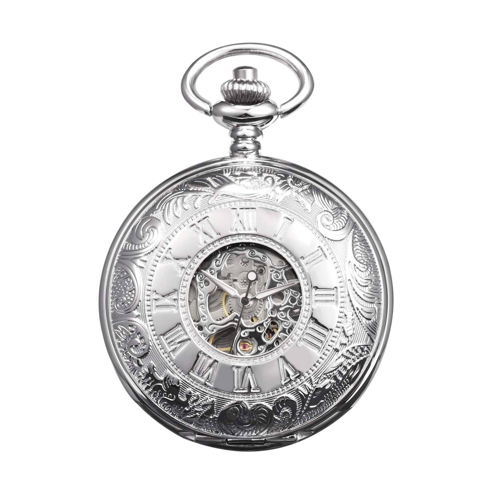 Men's Mechanical Skeleton Pocket Watch for Mens Women Blue Roman Numerals Dial Double Case Pocket Watches