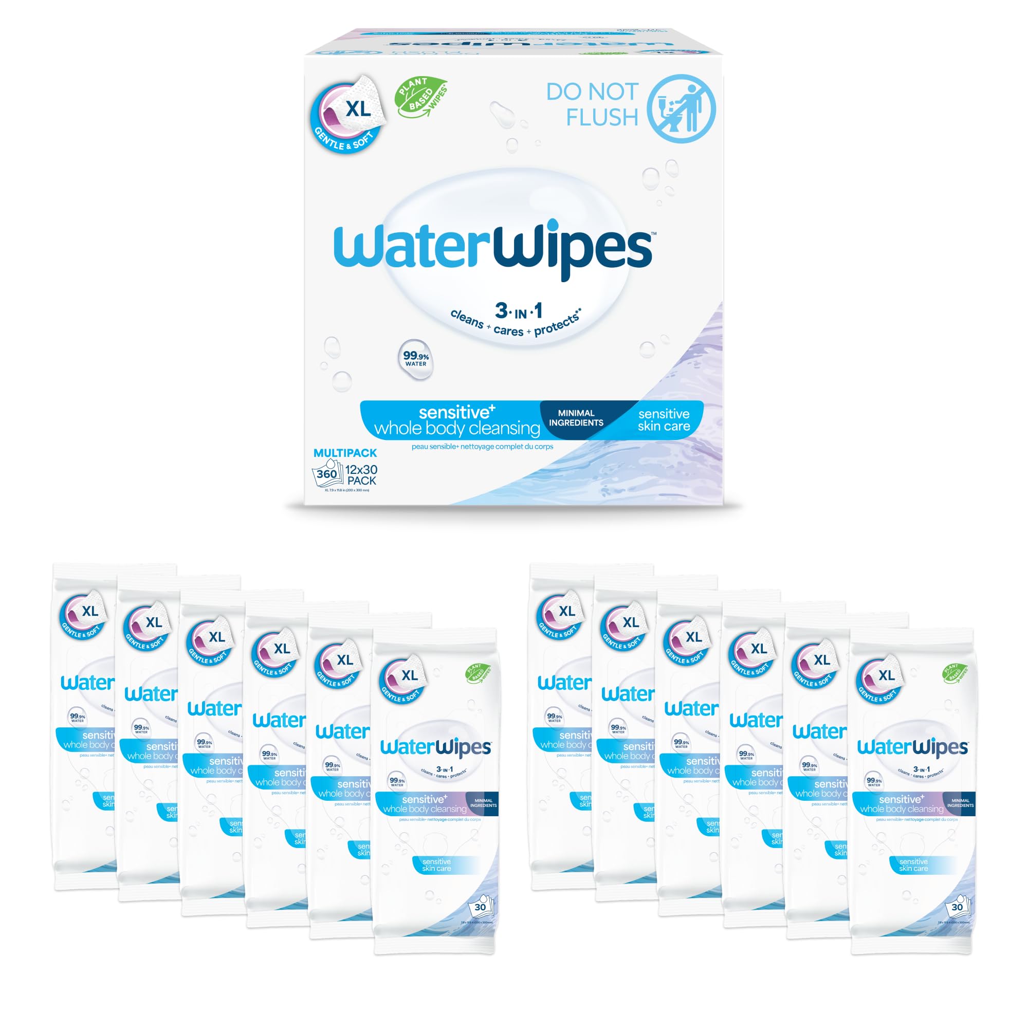 WaterWipes Sensitive Whole Body Cleansing Wipes, 99.9% Purified Water, XL Textured Wipes, Incontinence Care, Fragrance Free, 360 Count Image