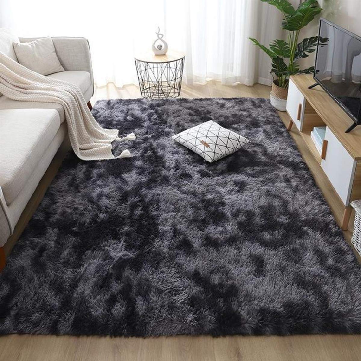 JURLEA Rugs Living Room - Modern Soft Fluffy Shaggy Rugs for Bedroom Nursery Bedside Large Non-Slip Plush Area Rug Carpet Home Decor (Black Grey, 160 x 230 cm)