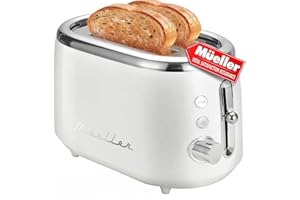 MÜELLERHOME Mueller Retro Toaster 2 Slice with 7 Browning Levels and 3 Functions: Reheat, Defrost & Cancel, Stainless Steel Features, Removable Crumb Tray, Under Base Cord Storage, White