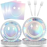 Justforjoyful 96Pcs Iridescent Party Supplies Smile Face Paper Plates Napkins Holographic Foil Laser Party Tableware Set Holographic Dinnerware for Birthday Baby Shower Decoration Serve 24