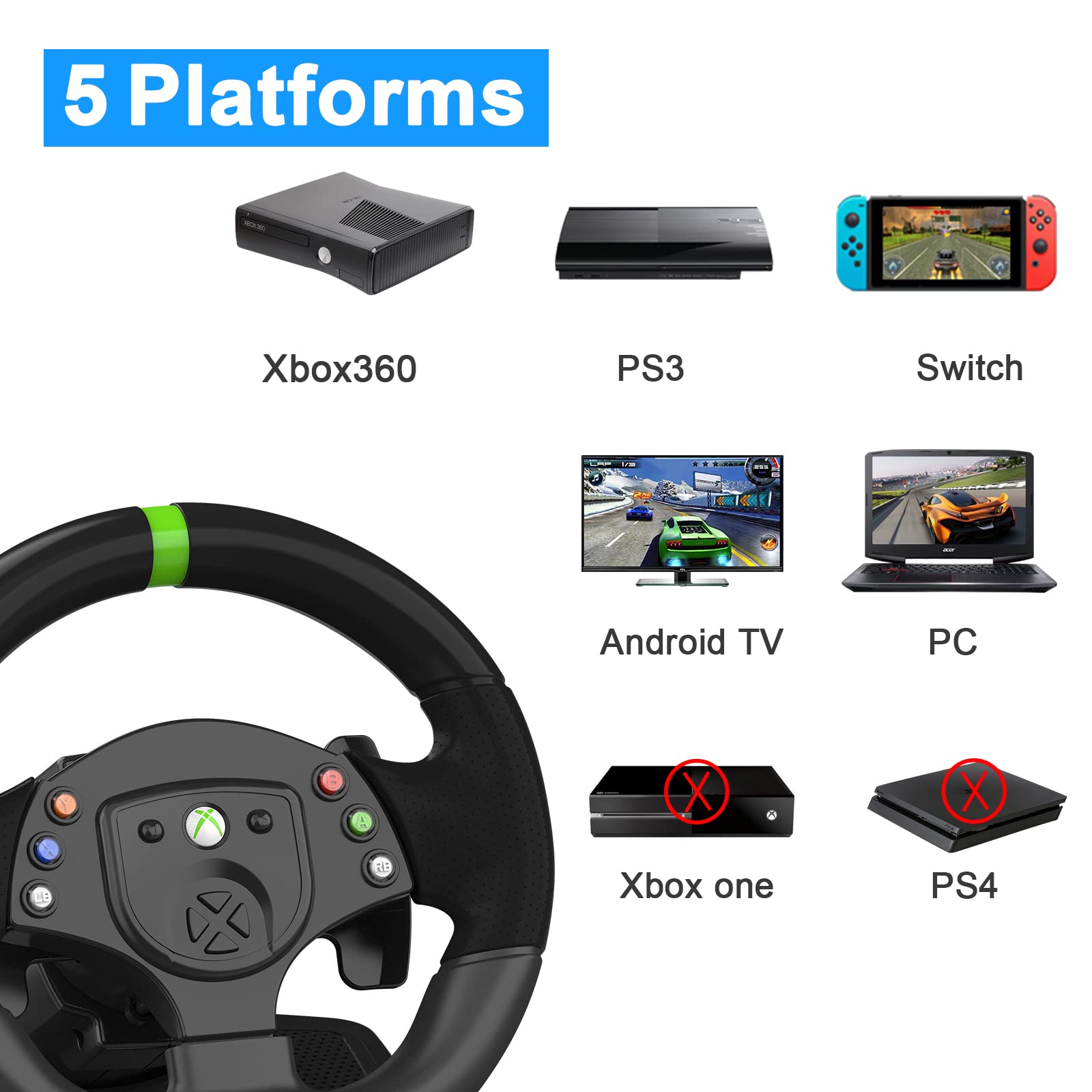 DOYO Xbox360 Gaming Racing Steering Wheels with Pedals and Paddle Shifters for PC, 180° Volante PC with gas Pedal for Playstation 3, Switch, Android Plug and Play with Height and Tilt Adjustable