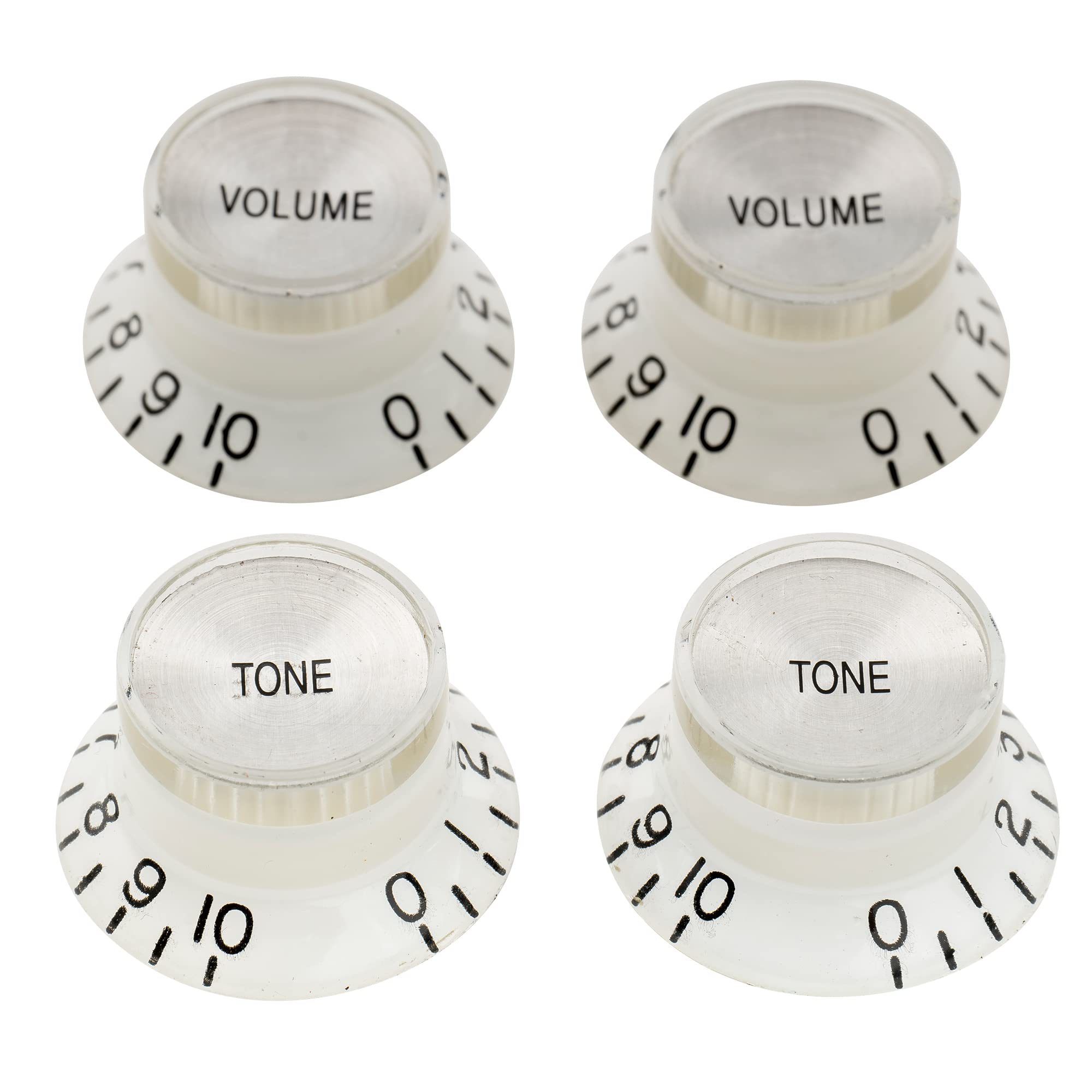 Musiclily Pro Metric Size 18 Spline Guitar Top Hat Bell 2 Volume 2 Tone Reflector Knobs Set for Epiphone Les Paul SG Style,White with Silver Top — image 1