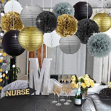 Kubert Years Decorations Grey Black White Party Decor Kit Tissue