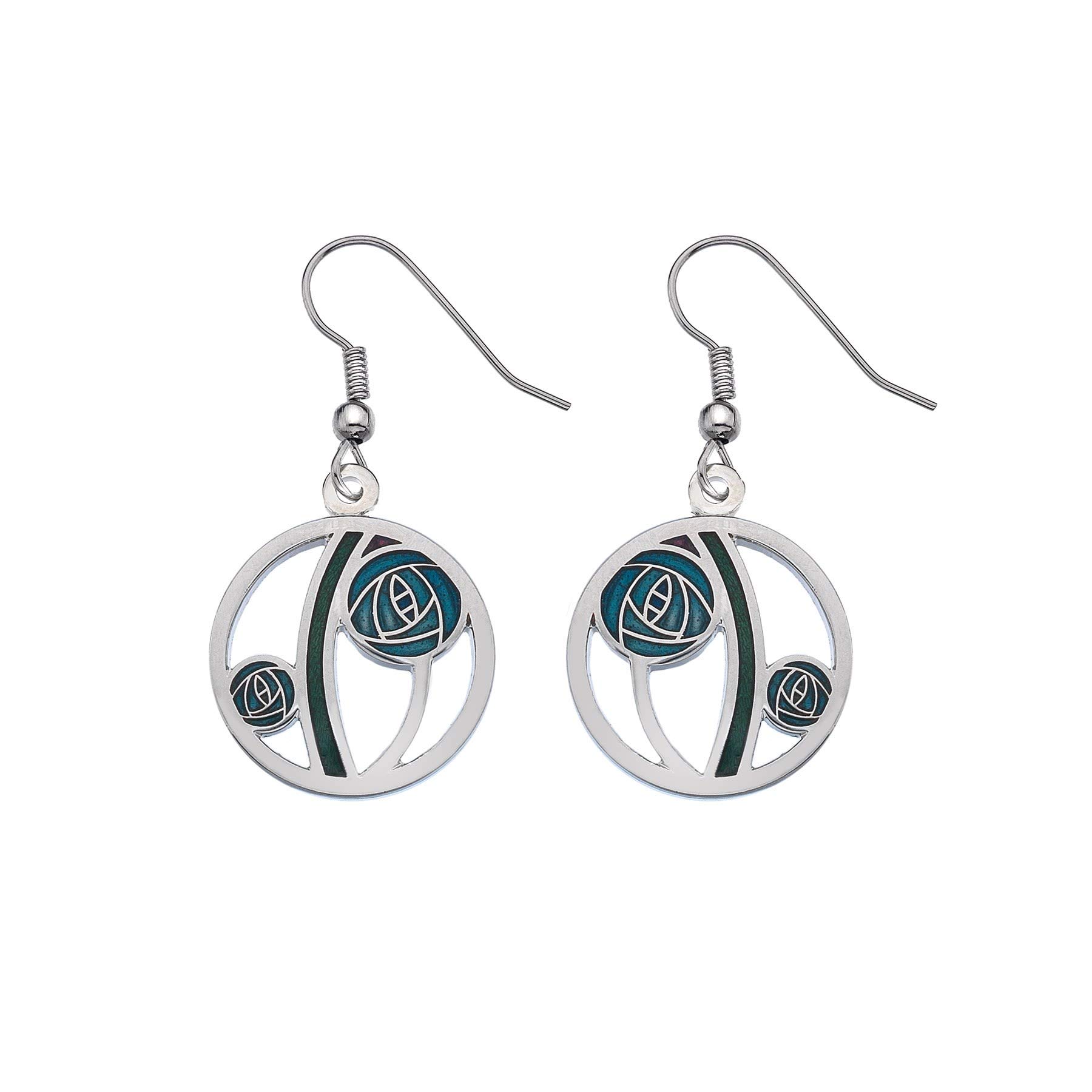 Rennie Mackintosh Inspired Round Rose and Bar 15 mm Hook Earrings (Turquoise/Green)