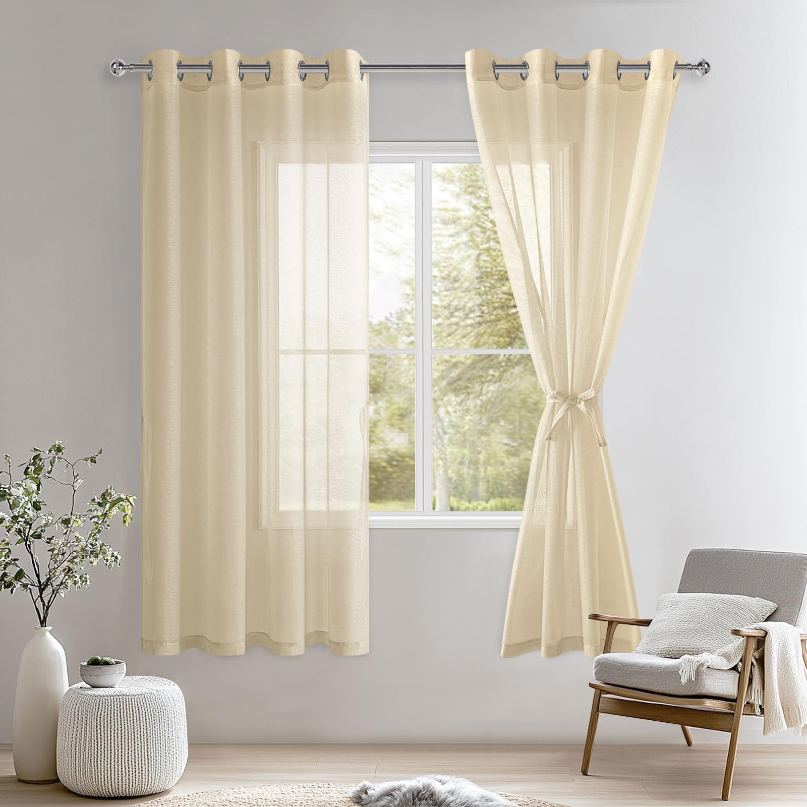 DWCN Beige Sheer Curtains with Tiebacks Semi Transparent Voile Grommet Curtains Elegant Window Curtains for Bedroom and Living Room,2 Panels,W52 x L63