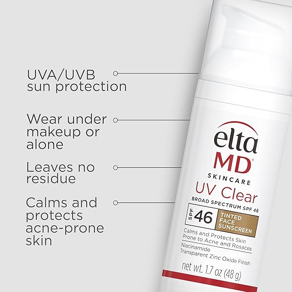 ELTAMD UV CLEAR TINTED SUNSCREEN FOR FACE, SPF 46 WITH ZINC OXIDE, OIL-FREE, DERMATOLOGIST RECOMMENDED, FOR ACNE-PRONE SENSITIVE SKIN, 1.7 OZ