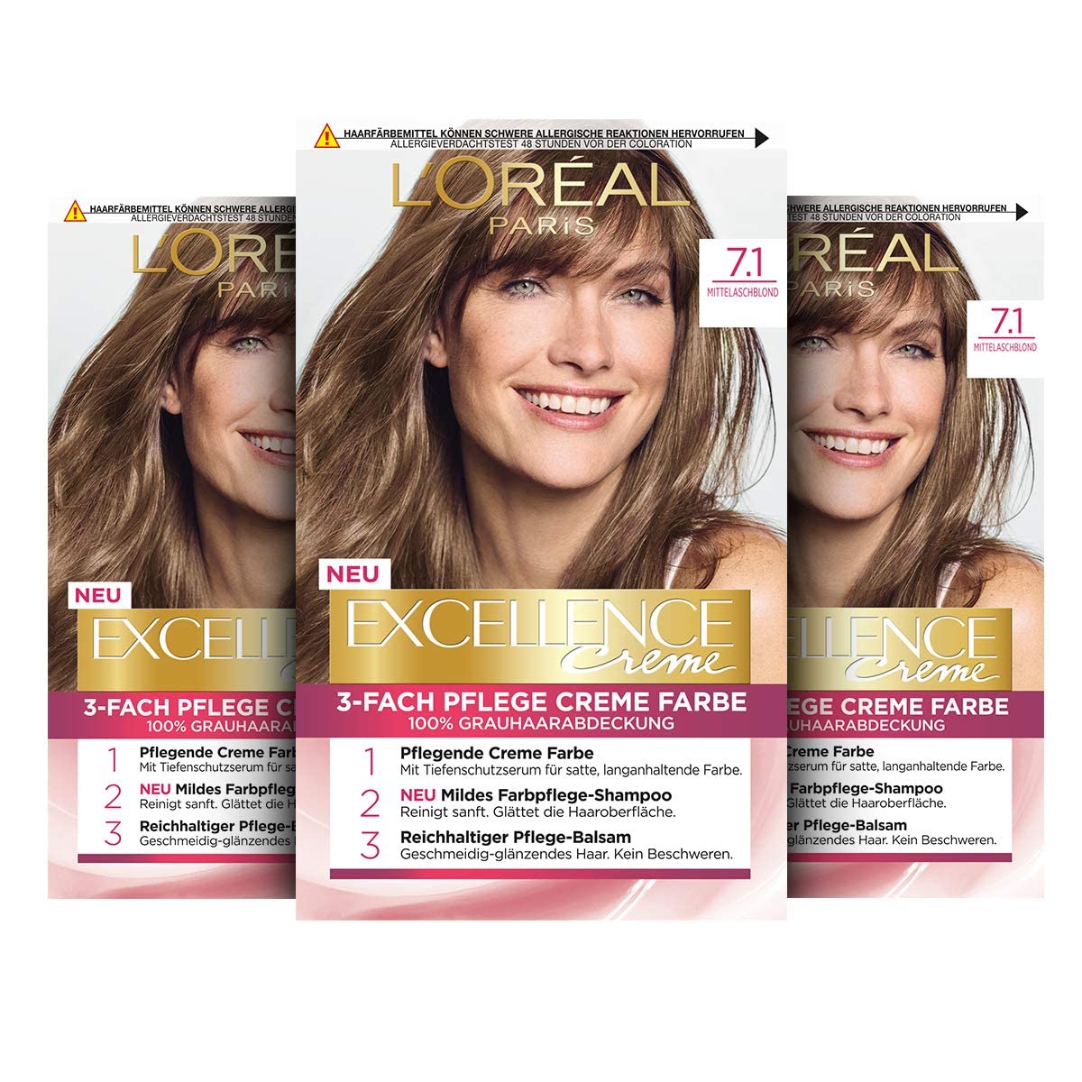 L'Oréal Paris Excellence Cream Permanent Hair Colour, 100% Grey Hair Coverage, Hair Dye Set with Colouration, Shampoo and Triple Care Cream, 7.1 Medium Ash Blonde, 3 x 268 g