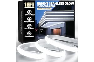 HeliosRibbon COB Led Neon Rope Lights 16ft 6000K Cool White, 110-120V Outdoor Waterproof Lighting Strip 600lm/m Super Bright, Cuttable and Adhesive, for Roof Bedroom Garden Commercial