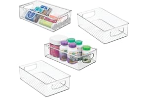 mDesign Small Plastic Bathroom Storage Container Bins with Handles for Organization in Closet, Cabinet, Vanity or Cupboard Shelf, Accessory Organizer - Ligne Collection - 4 Pack, Clear