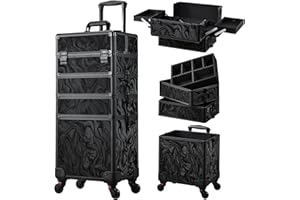 Stagiant Rolling Makeup Case Cosmetology Case on Wheels 4 in 1 Makeup Travel Case Extra Large Cosmetic Box with Key Make Up Artist Traveling Storage Nail Case Salon Barber Cart Trunk Alpine Black