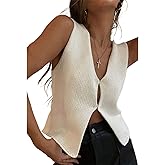 Women Crochet Vest Top Y2k Knit V Neck Sleeveless Button Down Vintage Casual Streetwear