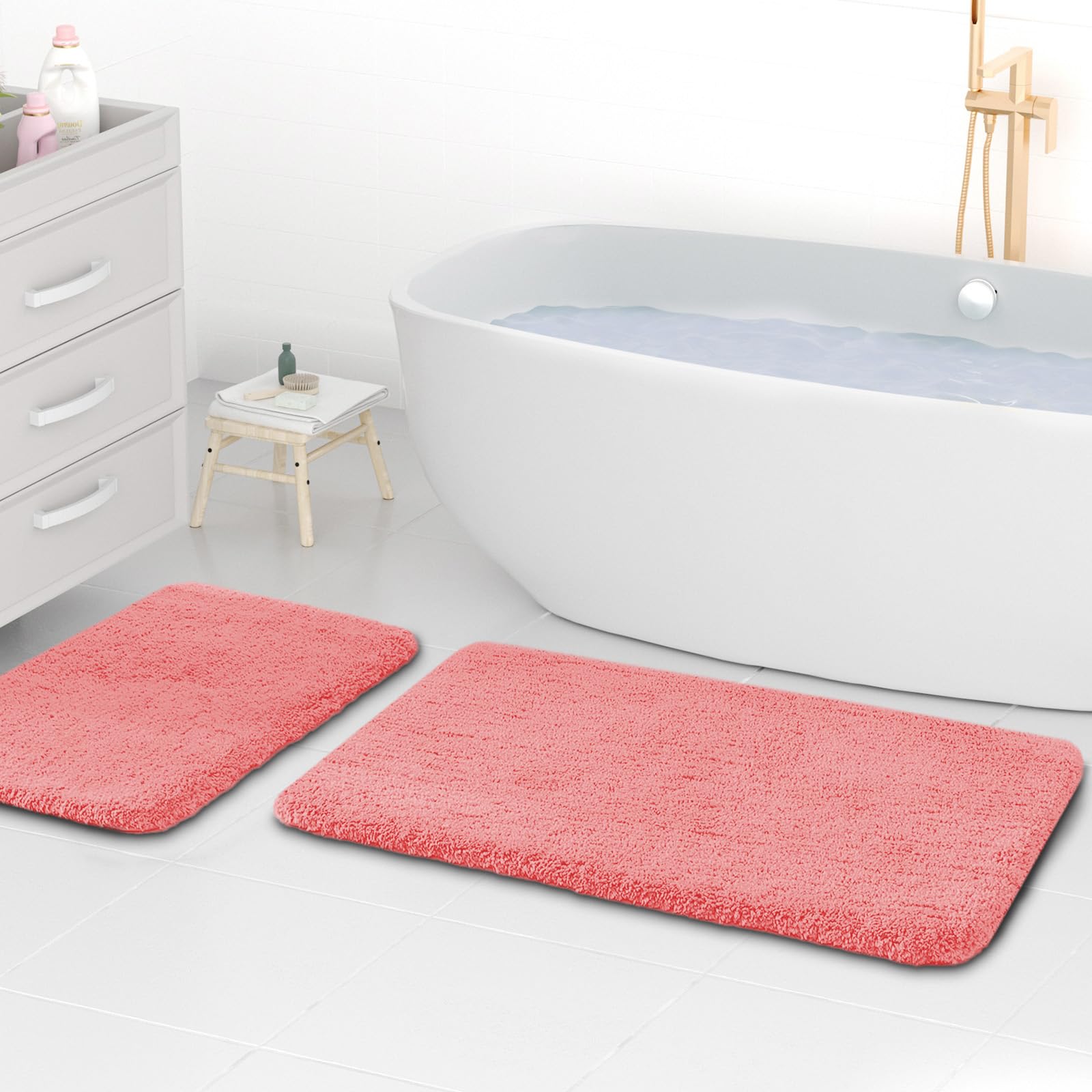 wyewye Microfibre Bath Mats, 2cm Super Thick Bath Rugs, Super Absorbent Bathroom Rugs 50x80cm and 40x60cm, Pink