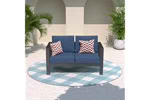 Amopatio Oversized Patio Furniture Aluminum Loveseat, All-Weather Outdoor 2 Seats Sofa Couch, Modern Metal Chair w/ 5 Inch Cushions, Blue and Dark Grey