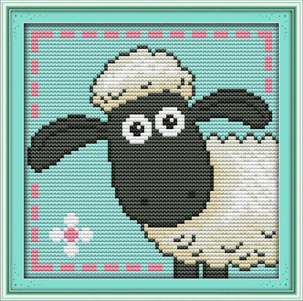 ABEUTY Cross Stitch Kits Little Sheep for Adults Pre Printed or NOT, DIY 14 Count Embroidery Sewing Starter Kit Stamped or Unstamped DMC Needlework Easy Beginners (Stamped)