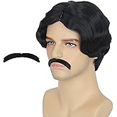 Yan Dream Men Gothic Short Wavy Black Costume Wig with Black Fake Mustache for Halloween Party