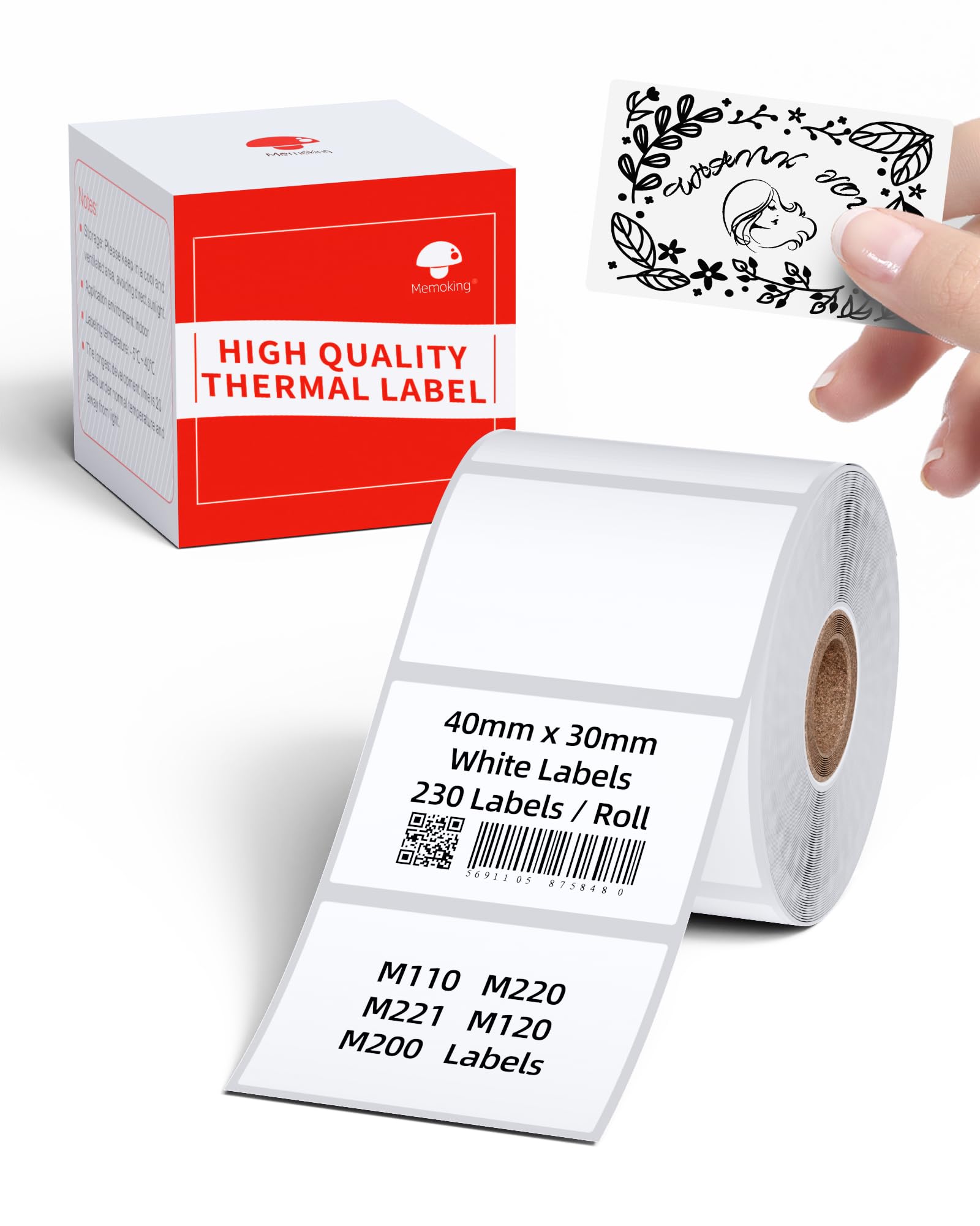 White Rectangular Labels Compatible with Phomemo M110, M220, M221, M150, M250, M108, M100, M120, M200 and Memoking M260 Label Printer, 40 mm x 30 mm (1.57" x 1.18"), 230 Labels/Rolls