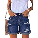 Necooer Women Jean Shorts Ripped Casual Summer Fashion Stretchy Classic Folded Hem Denim Shorts