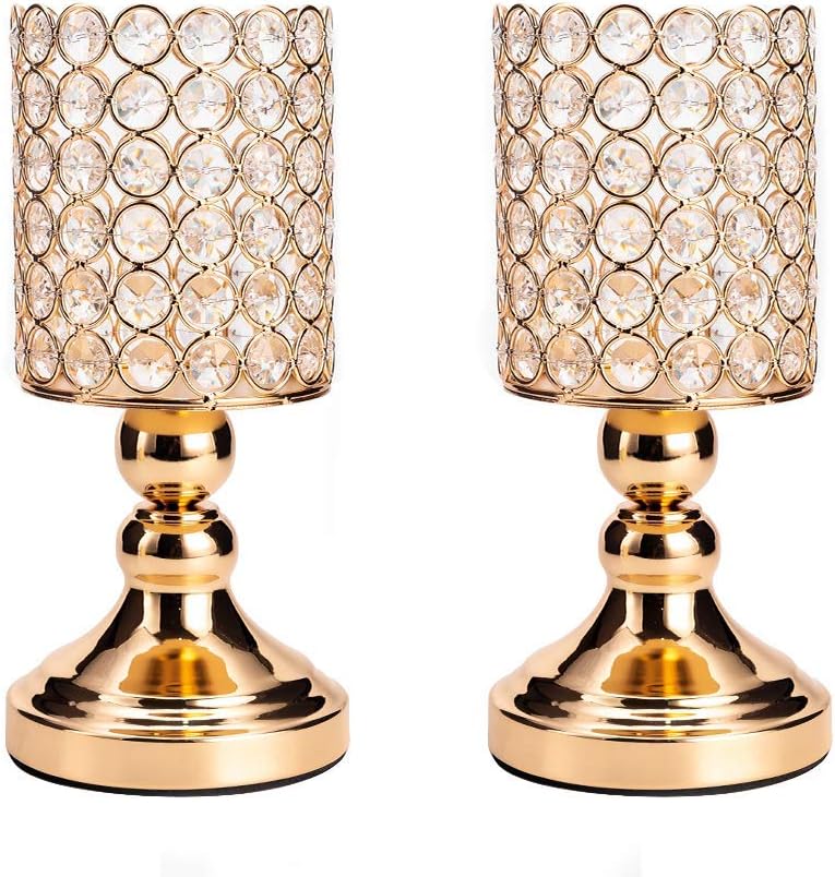 VINCIGANT Gold Crystal Pillar Candle Holders for Golden Wedding Gifts