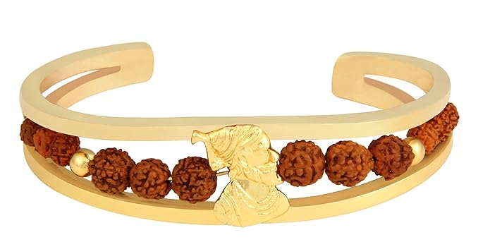 Rudraksh American Diamond Gold Shivaji Cuff Kada Bracelet for Men